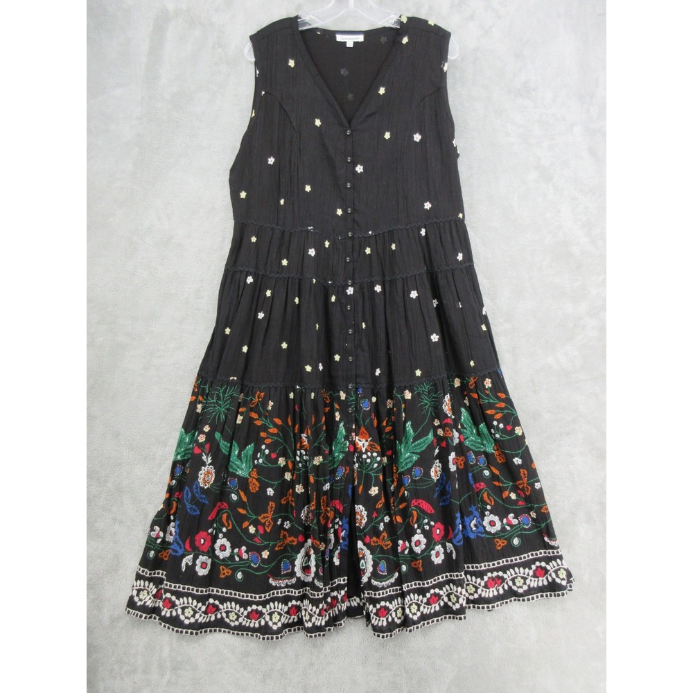 Serengeti Dress Womens Size L Black Floral Midi Artsy Art to Wear Boho Black